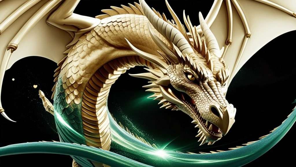 Dragon doré majestueux aux écailles détaillées avec une lumière verte émanant sous son cou, symbole de puissance et d’énergie spirituelle, illustrant l’énergie du Reiki arcturien.